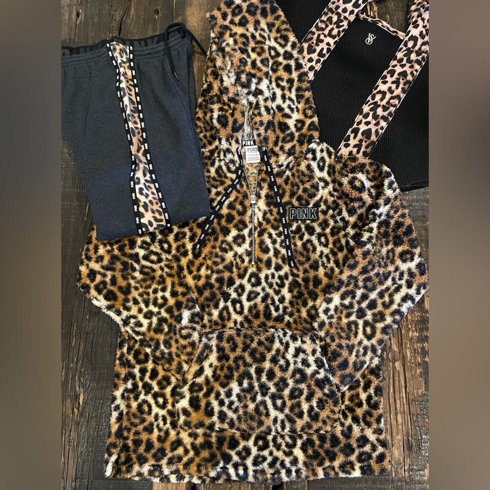 PINK VICTORIA’S SECRET Leopard Print Sherpa Hoodie Half Zip Joggers & Tote SET